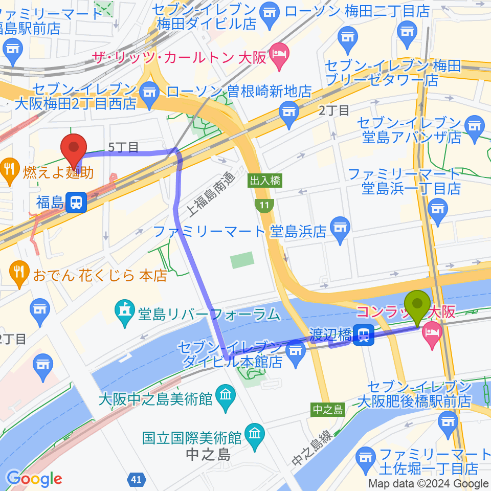 渡辺橋駅からスタジオNECOへのルートマップ地図