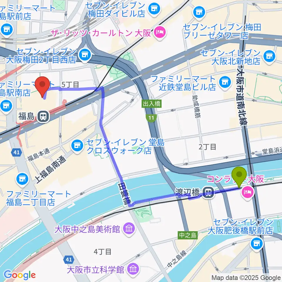 渡辺橋駅からスタジオNECOへのルートマップ地図