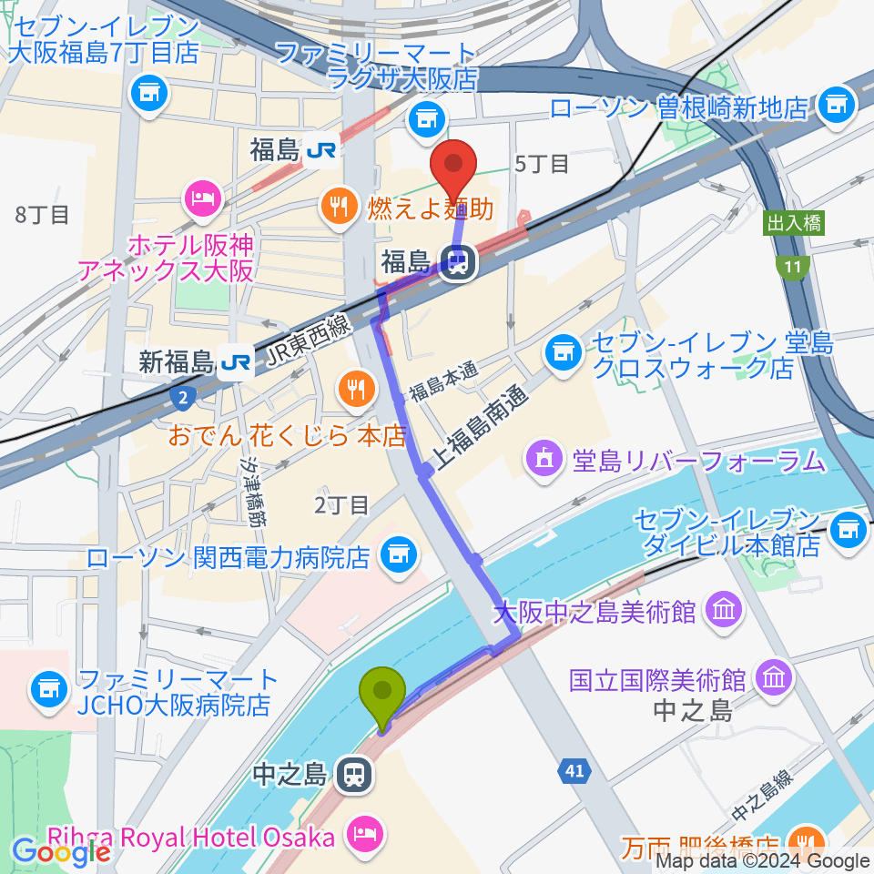 中之島駅からスタジオNECOへのルートマップ地図