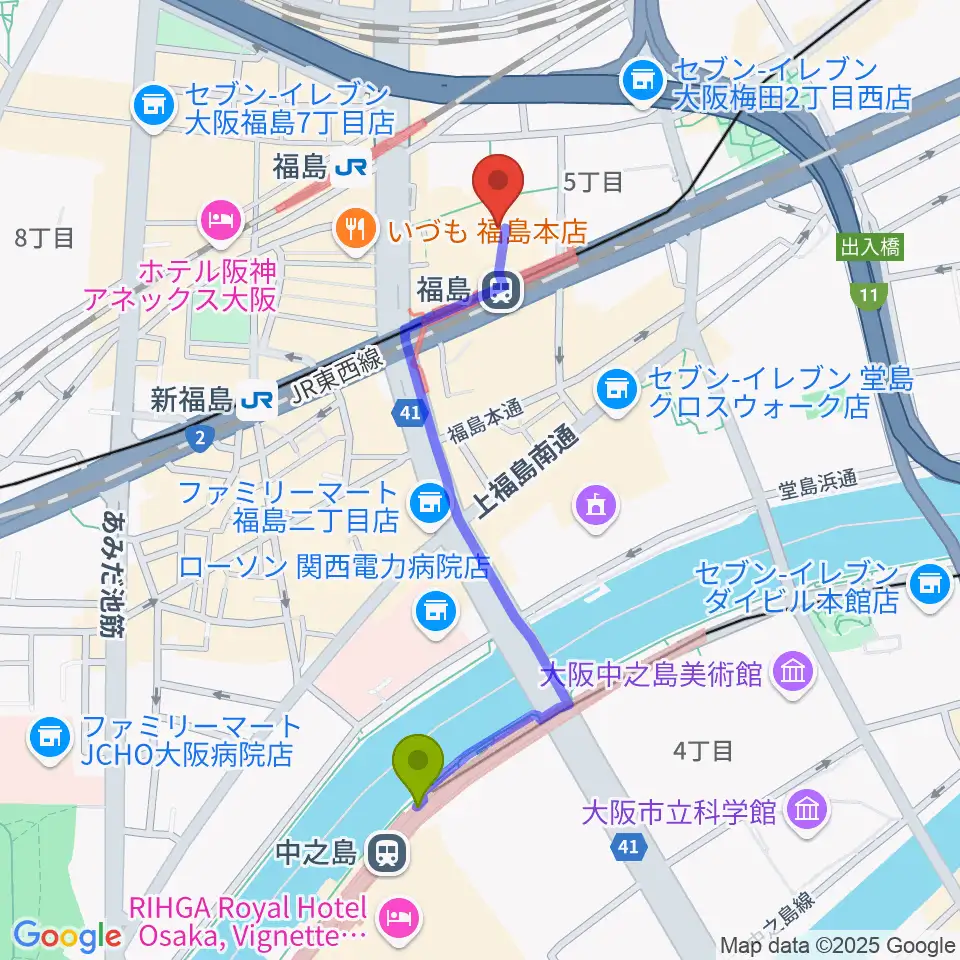 中之島駅からスタジオNECOへのルートマップ地図