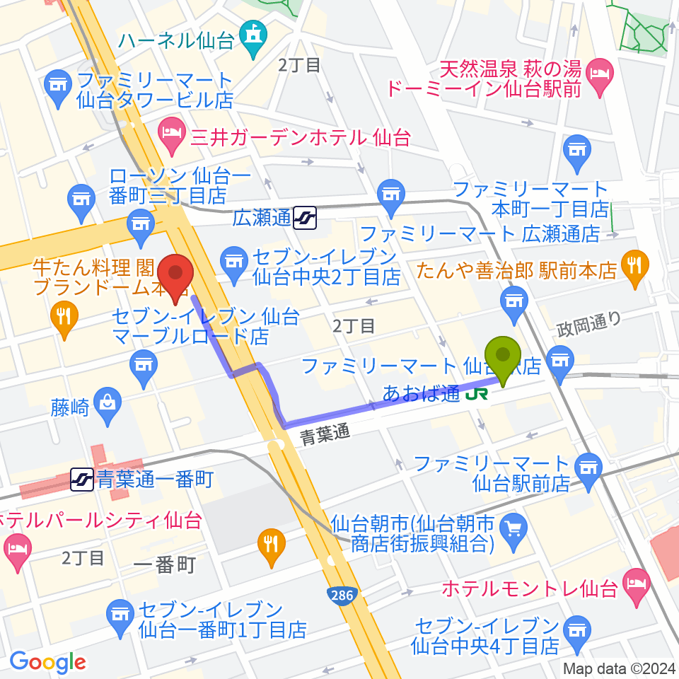 あおば通駅から仙台電力ホールへのルートマップ地図