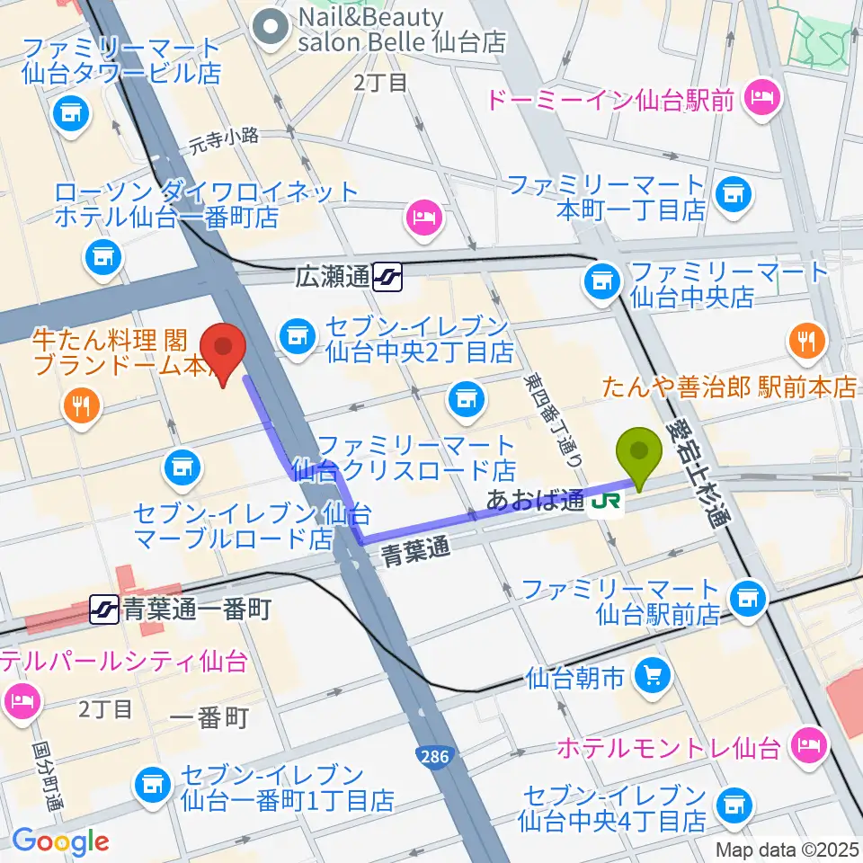 あおば通駅から仙台電力ホールへのルートマップ地図