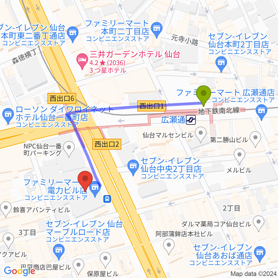 仙台電力ホールの最寄駅広瀬通駅からの徒歩ルート（約4分）地図