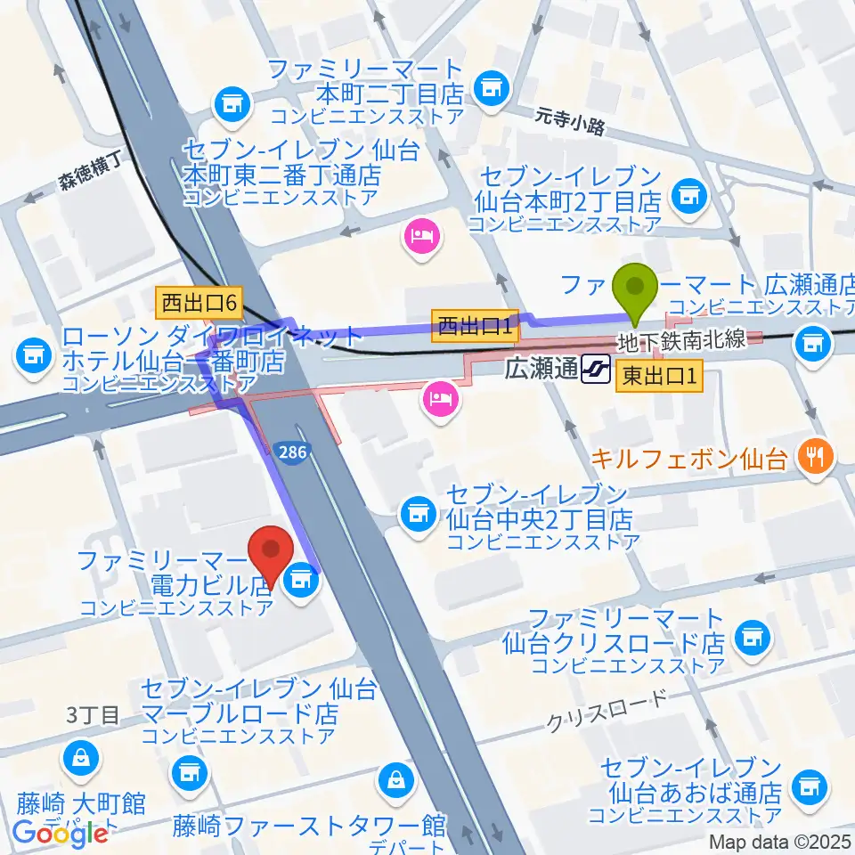仙台電力ホールの最寄駅広瀬通駅からの徒歩ルート（約4分）地図