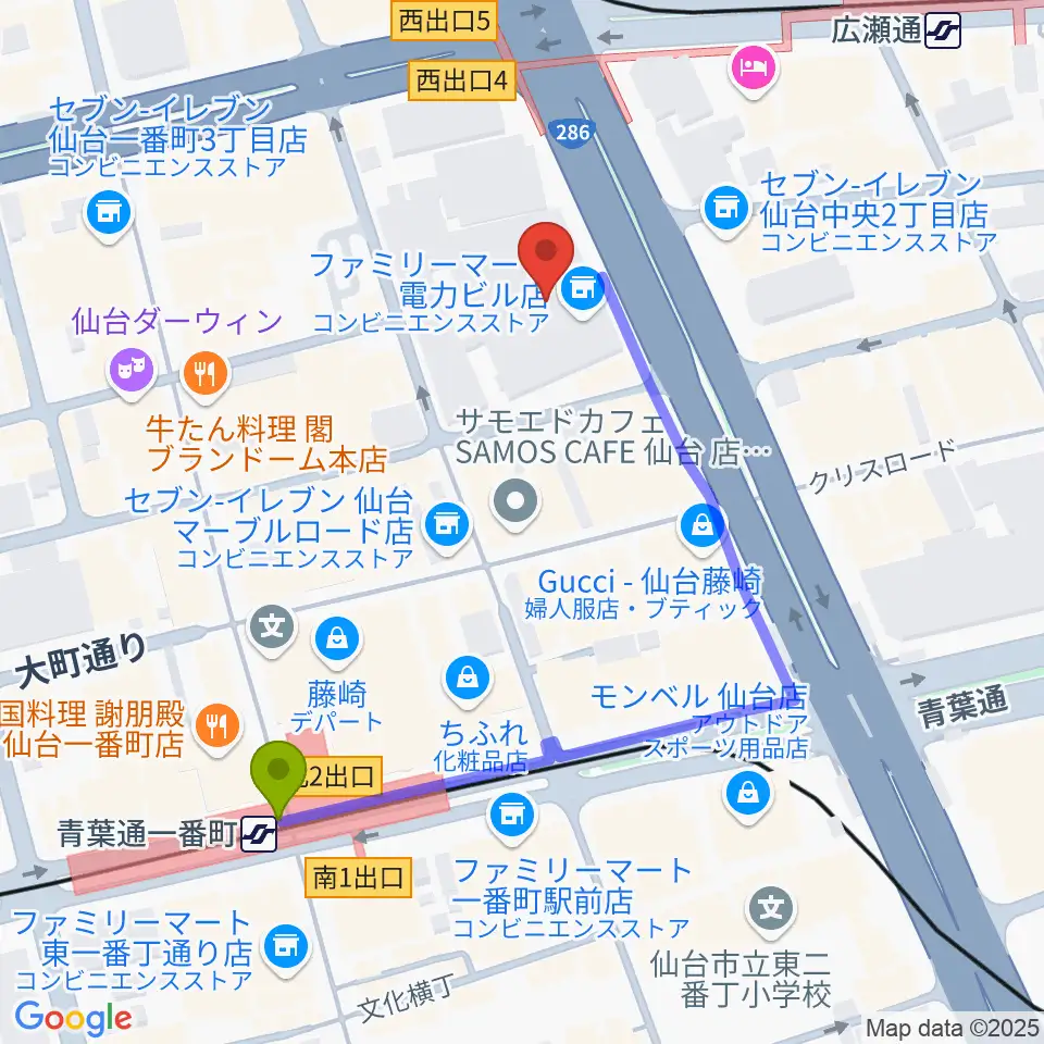 青葉通一番町駅から仙台電力ホールへのルートマップ地図
