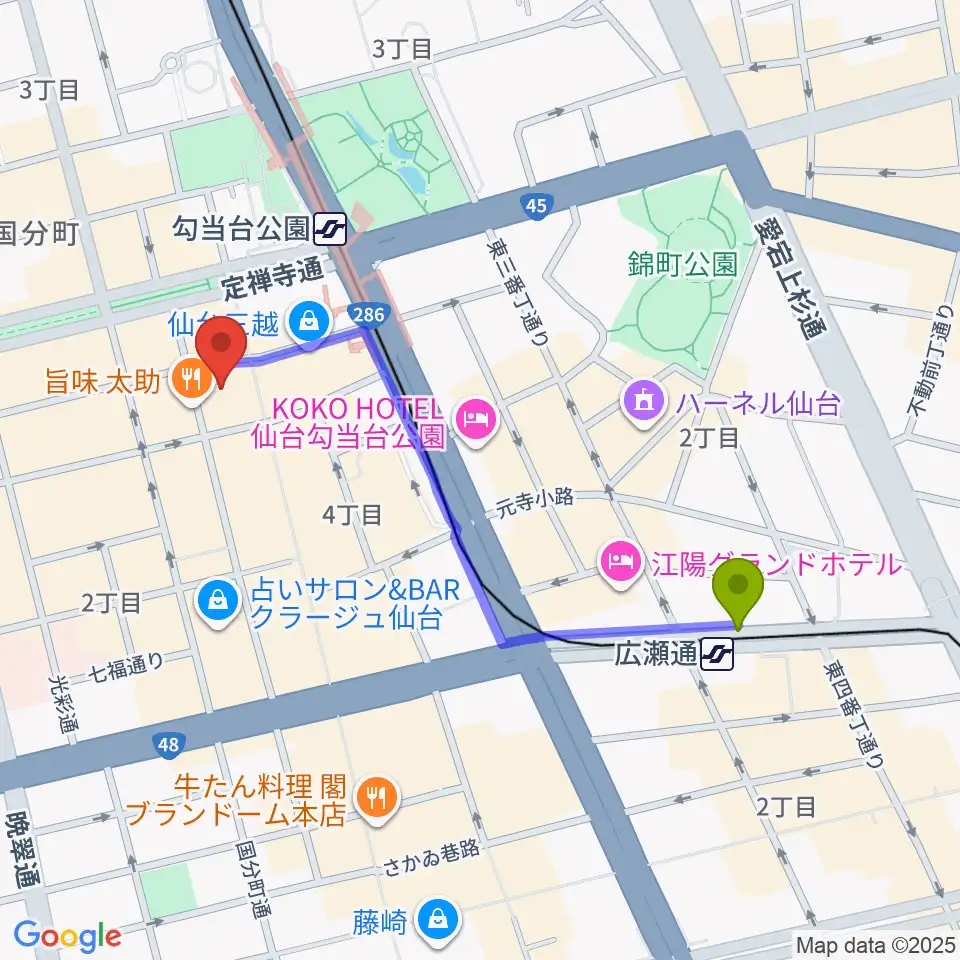 広瀬通駅から仙台Rensaへのルートマップ地図