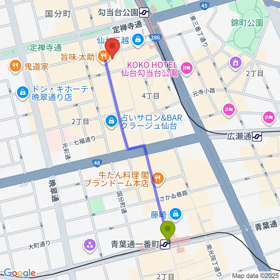 青葉通一番町駅から仙台Rensaへのルートマップ地図