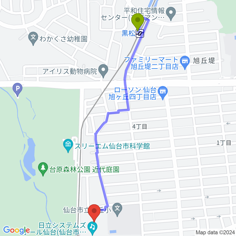 黒松駅から日立システムズホール仙台へのルートマップ地図