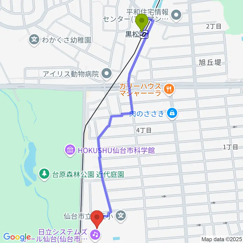 黒松駅から日立システムズホール仙台へのルートマップ地図