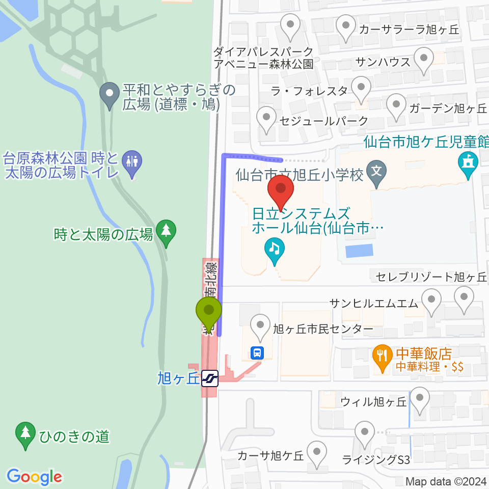 日立システムズホール仙台の最寄駅旭ヶ丘駅からの徒歩ルート（約2分）地図