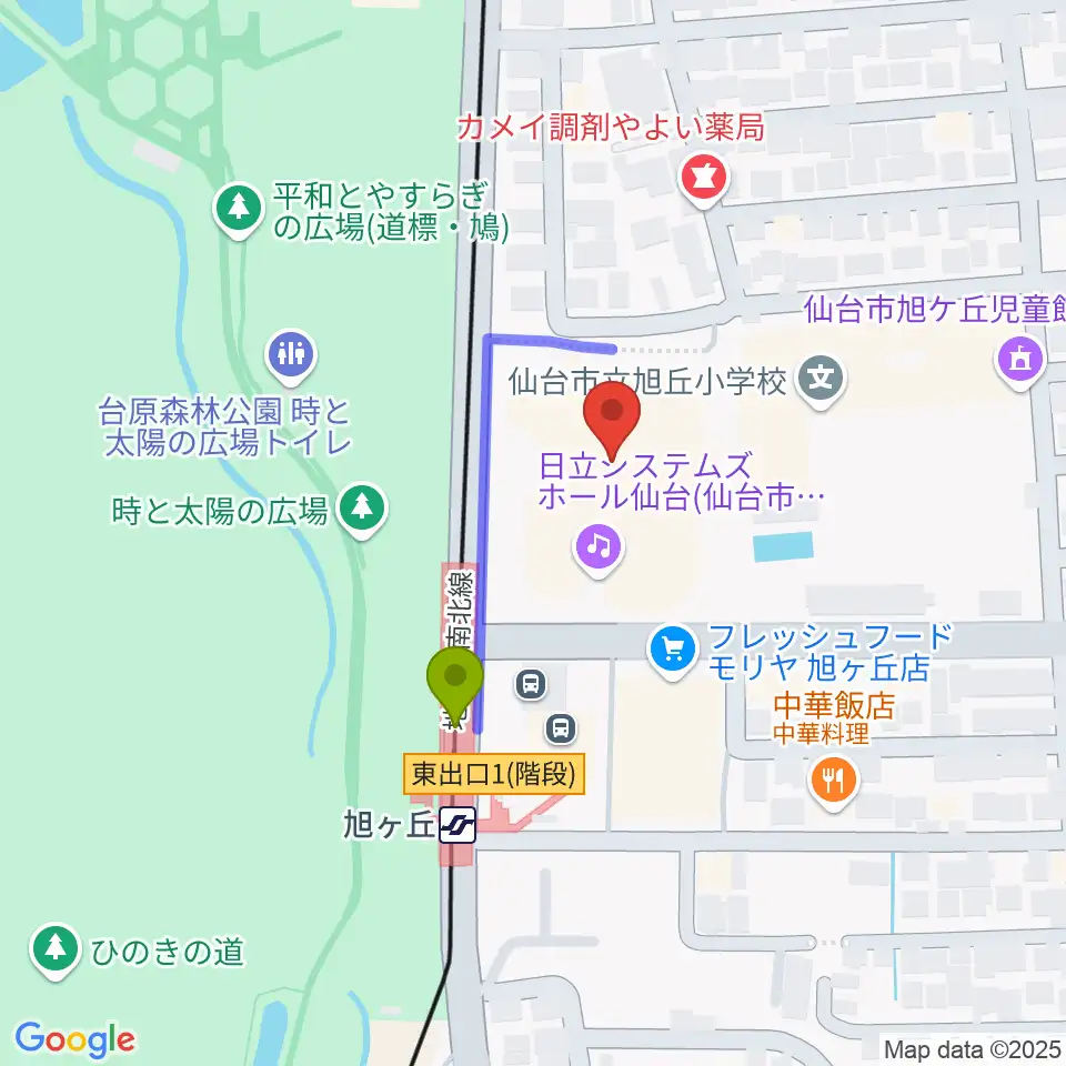 日立システムズホール仙台の最寄駅旭ヶ丘駅からの徒歩ルート（約2分）地図