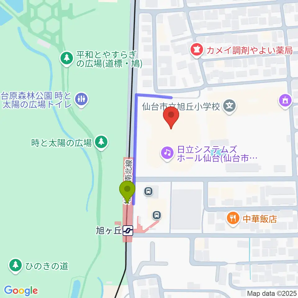 日立システムズホール仙台の最寄駅旭ヶ丘駅からの徒歩ルート（約2分）地図