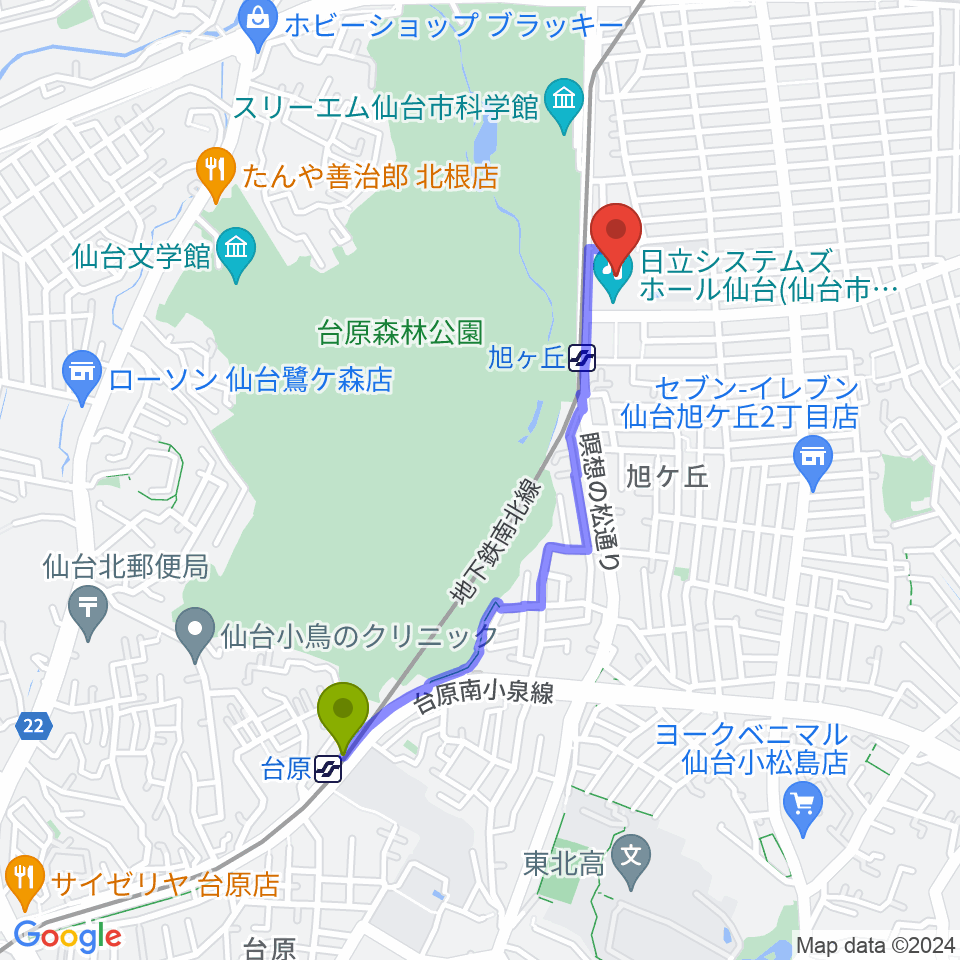 台原駅から日立システムズホール仙台へのルートマップ地図