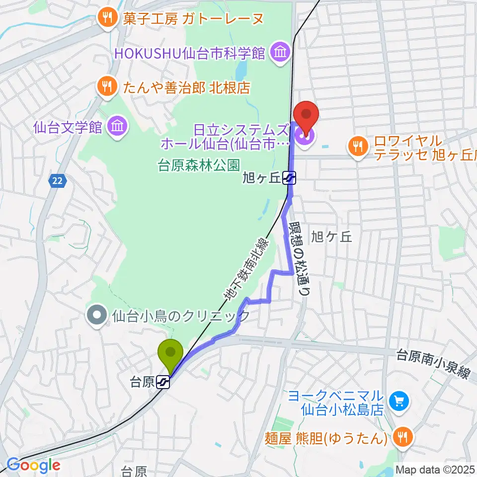 台原駅から日立システムズホール仙台へのルートマップ地図
