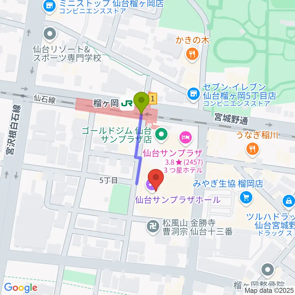 仙台サンプラザホールの最寄駅榴ケ岡駅からの徒歩ルート（約2分）地図