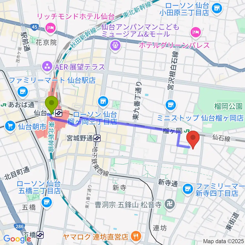 仙台駅から仙台サンプラザホールへのルートマップ地図