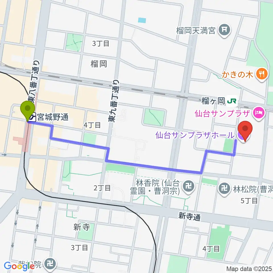 宮城野通駅から仙台サンプラザホールへのルートマップ地図