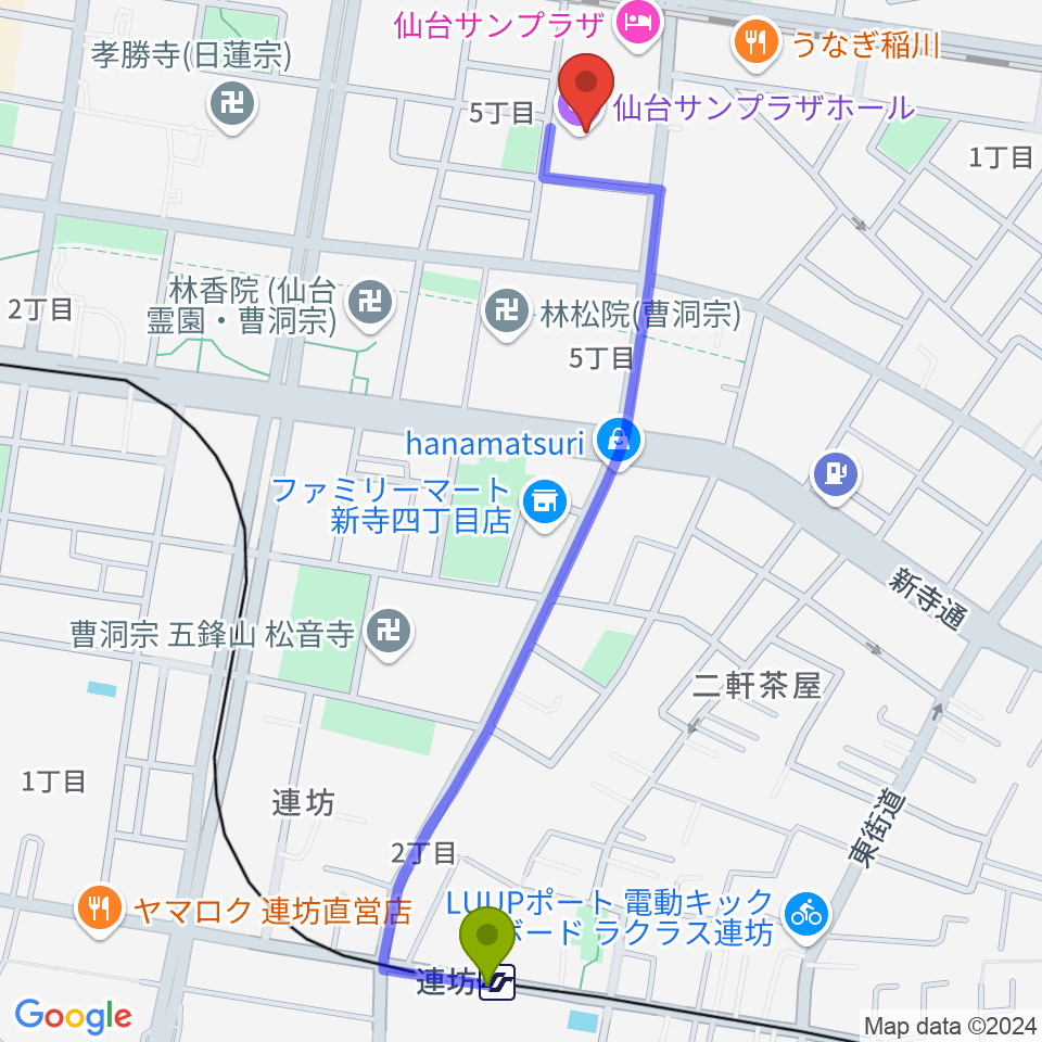 連坊駅から仙台サンプラザホールへのルートマップ地図