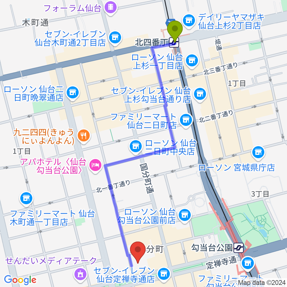 北四番丁駅から東京エレクトロンホール宮城へのルートマップ地図