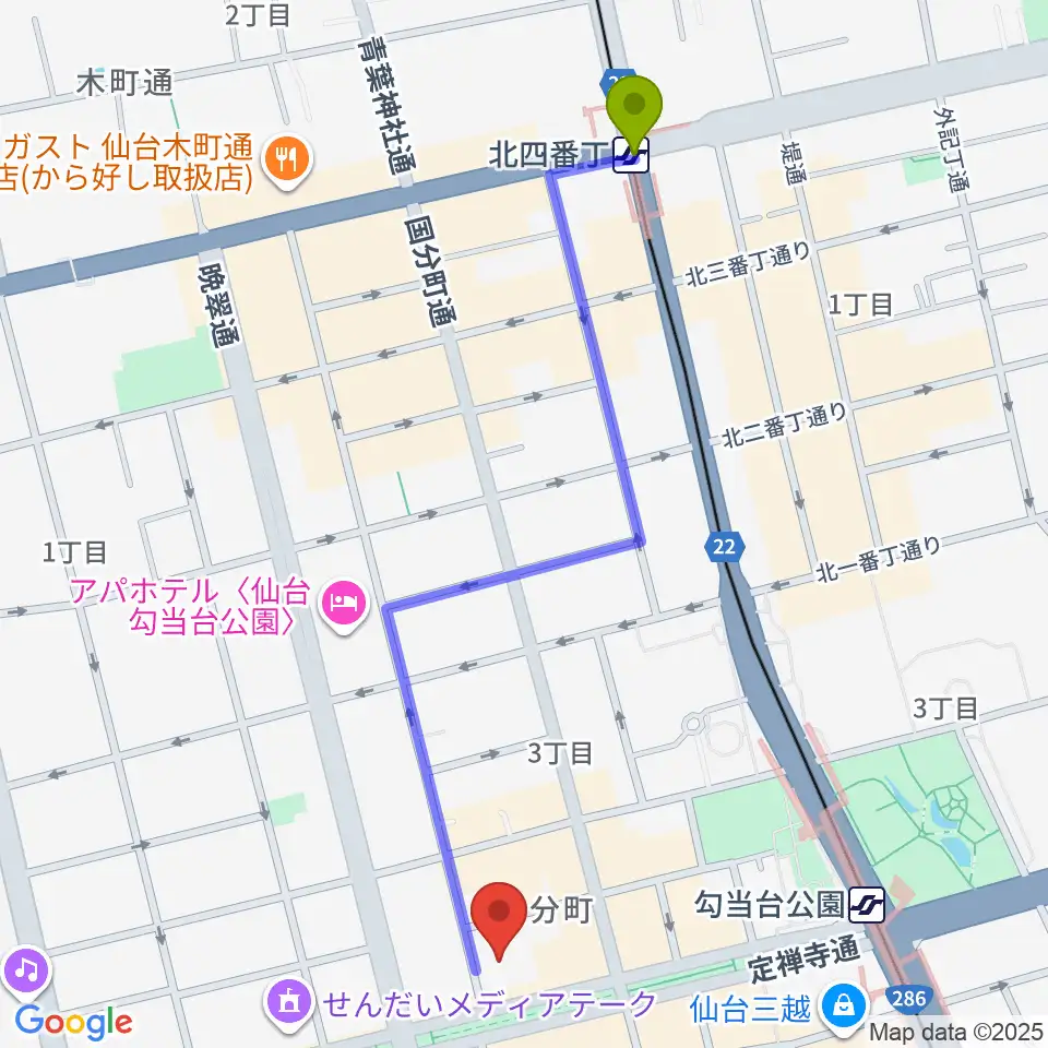 北四番丁駅から東京エレクトロンホール宮城へのルートマップ地図