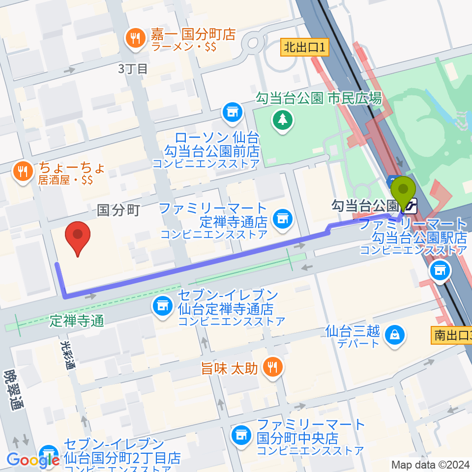 東京エレクトロンホール宮城の最寄駅勾当台公園駅からの徒歩ルート（約5分）地図