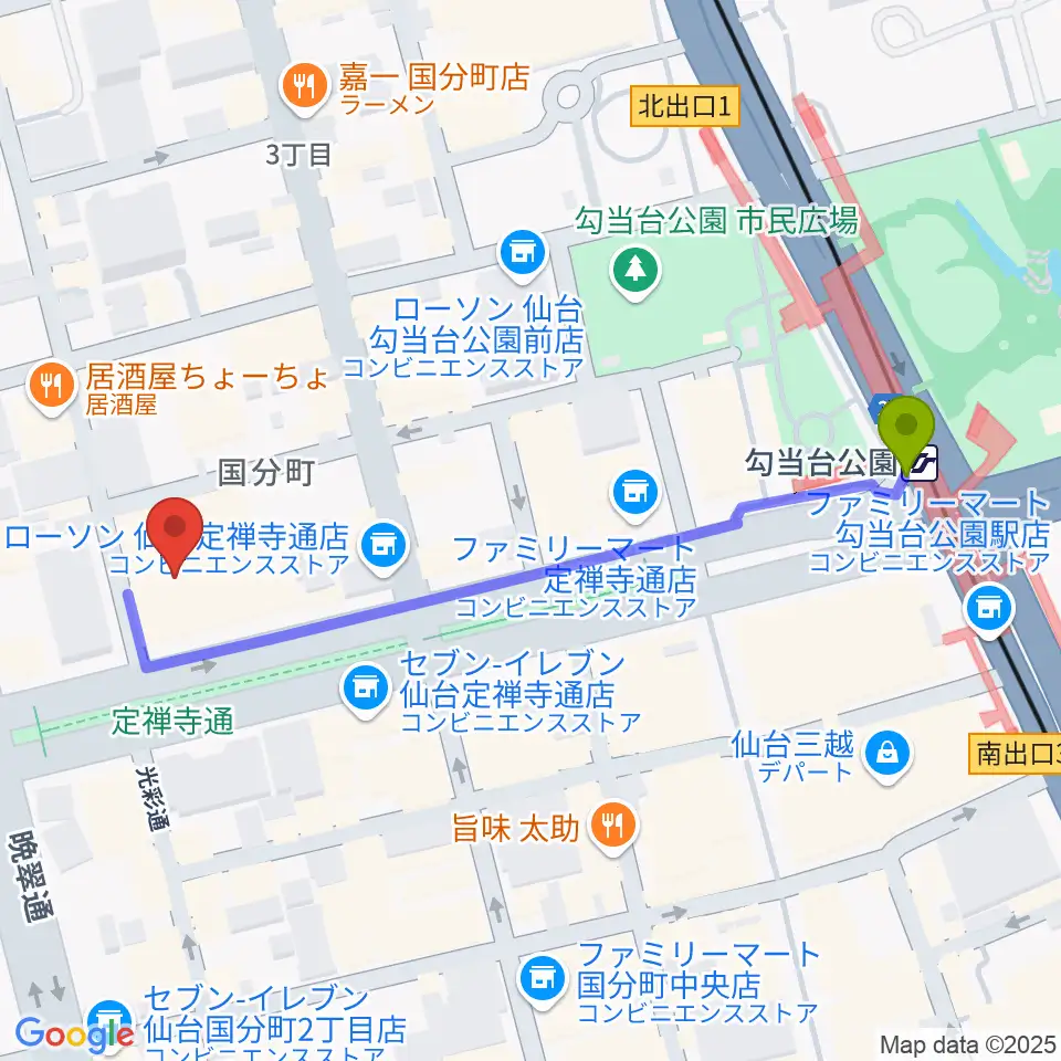 東京エレクトロンホール宮城の最寄駅勾当台公園駅からの徒歩ルート（約5分）地図