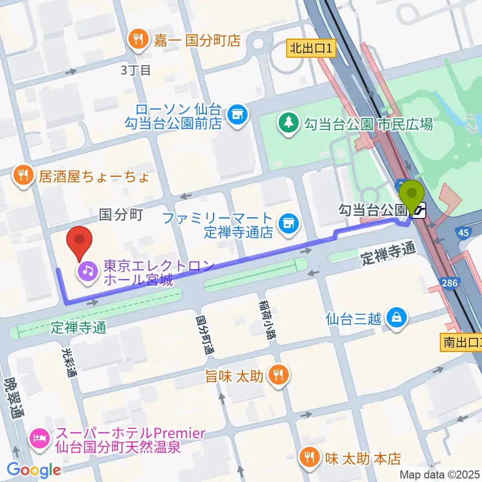 東京エレクトロンホール宮城の最寄駅勾当台公園駅からの徒歩ルート（約5分）地図