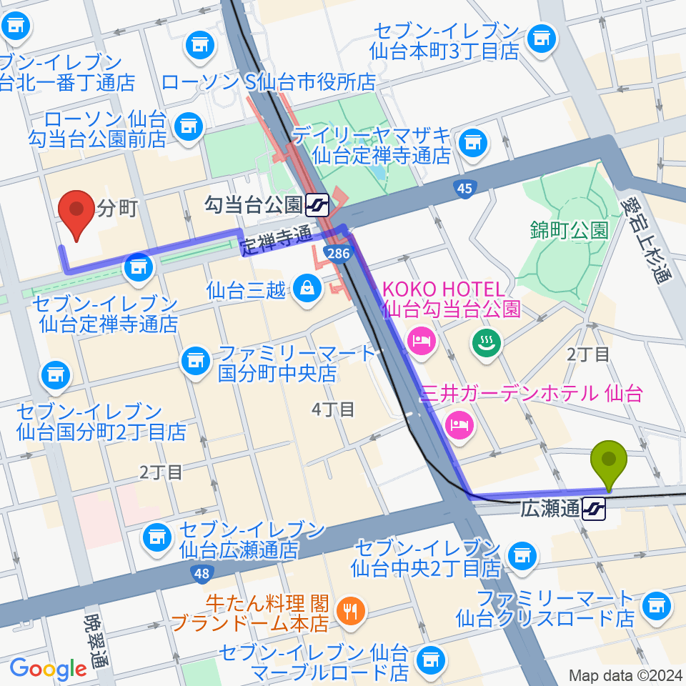 広瀬通駅から東京エレクトロンホール宮城へのルートマップ地図