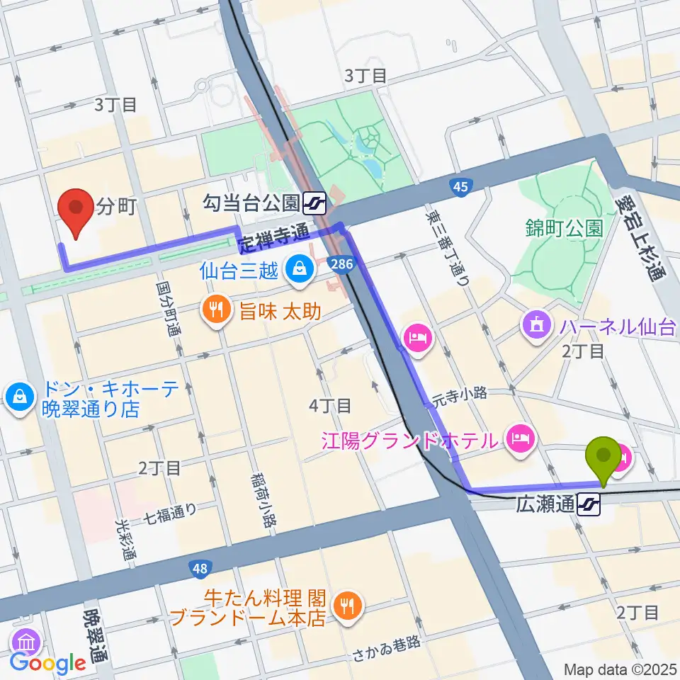 広瀬通駅から東京エレクトロンホール宮城へのルートマップ地図