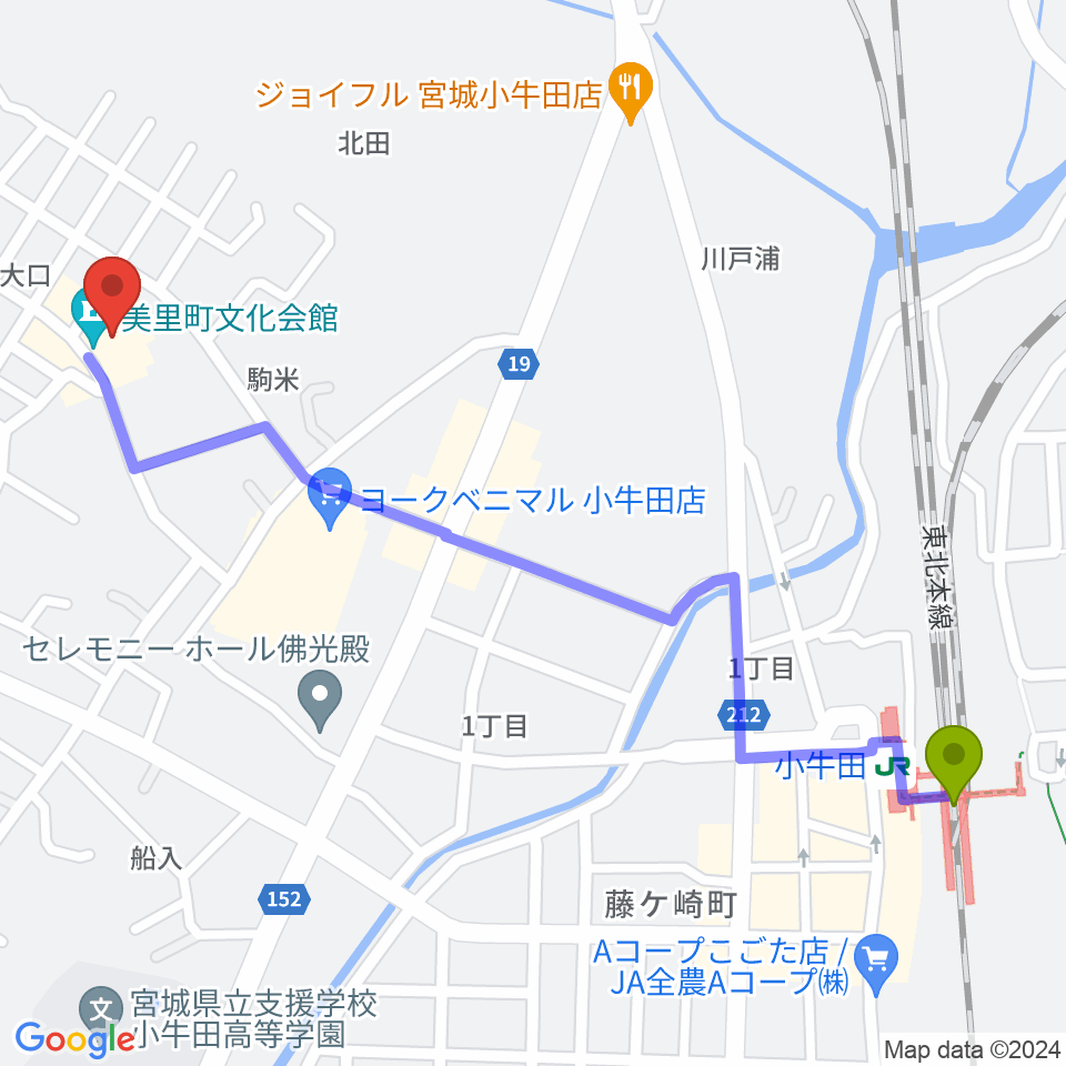 美里町文化会館の最寄駅小牛田駅からの徒歩ルート（約14分）地図