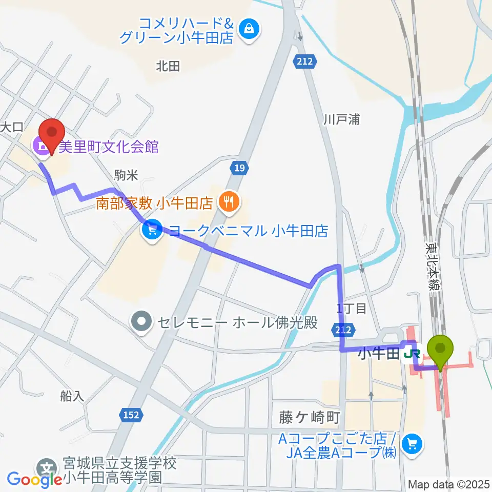 美里町文化会館の最寄駅小牛田駅からの徒歩ルート（約14分）地図