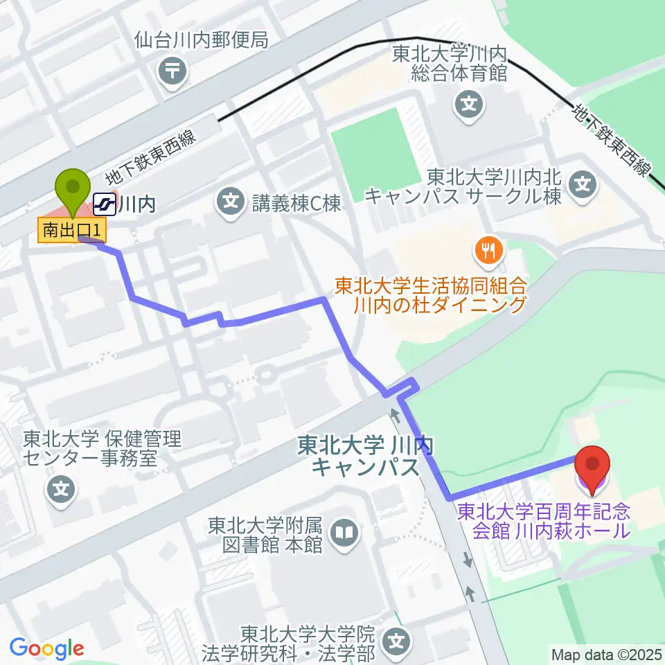 川内駅から東北大学百周年記念会館 川内萩ホールへのルートマップ地図