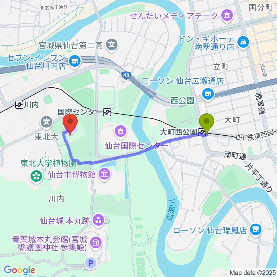 大町西公園駅から東北大学百周年記念会館 川内萩ホールへのルートマップ地図