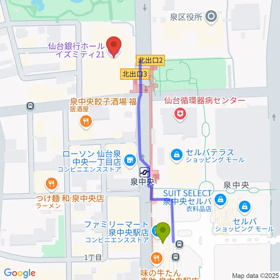 仙台銀行ホール イズミティ21の最寄駅泉中央駅からの徒歩ルート（約5分）地図