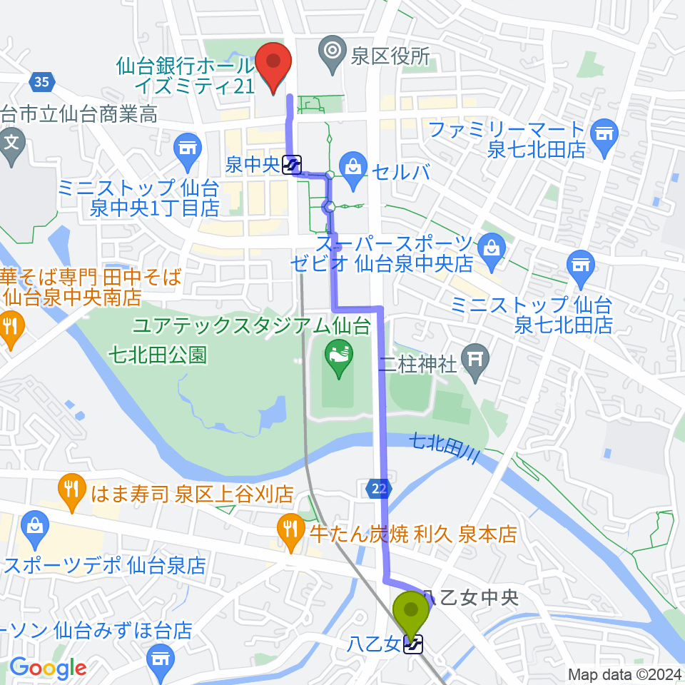 八乙女駅から仙台銀行ホール イズミティ21へのルートマップ地図