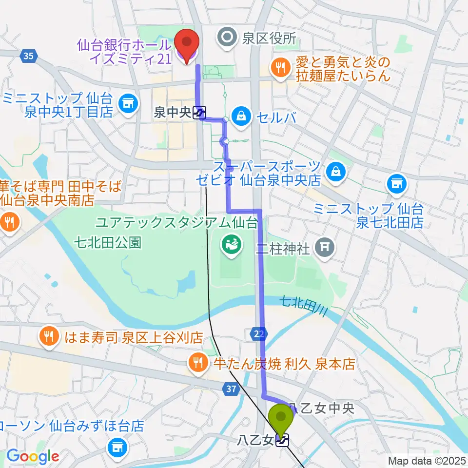 八乙女駅から仙台銀行ホール イズミティ21へのルートマップ地図