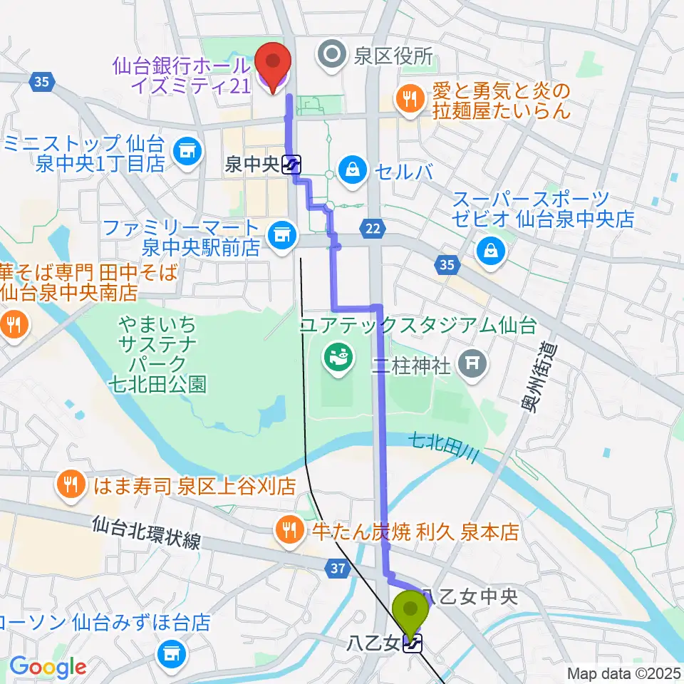 八乙女駅から仙台銀行ホール イズミティ21へのルートマップ地図