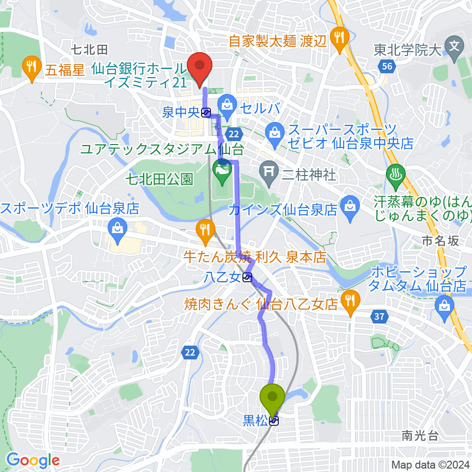 黒松駅から仙台銀行ホール イズミティ21へのルートマップ地図