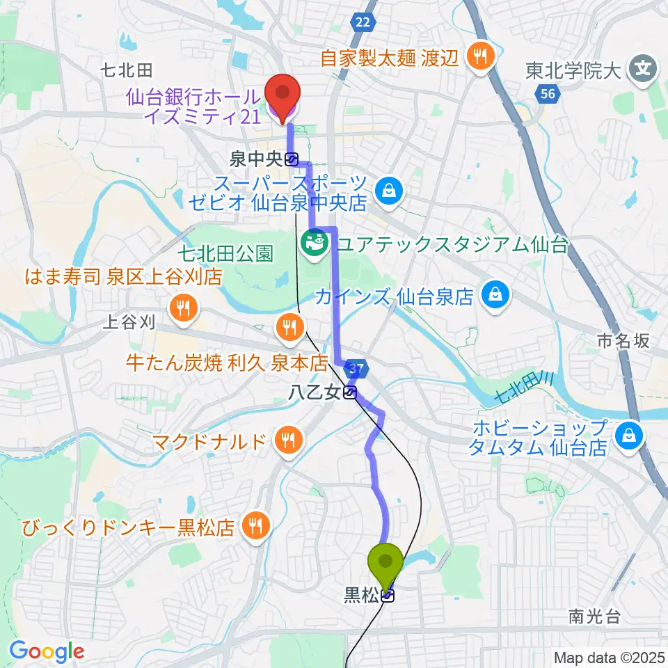 黒松駅から仙台銀行ホール イズミティ21へのルートマップ地図