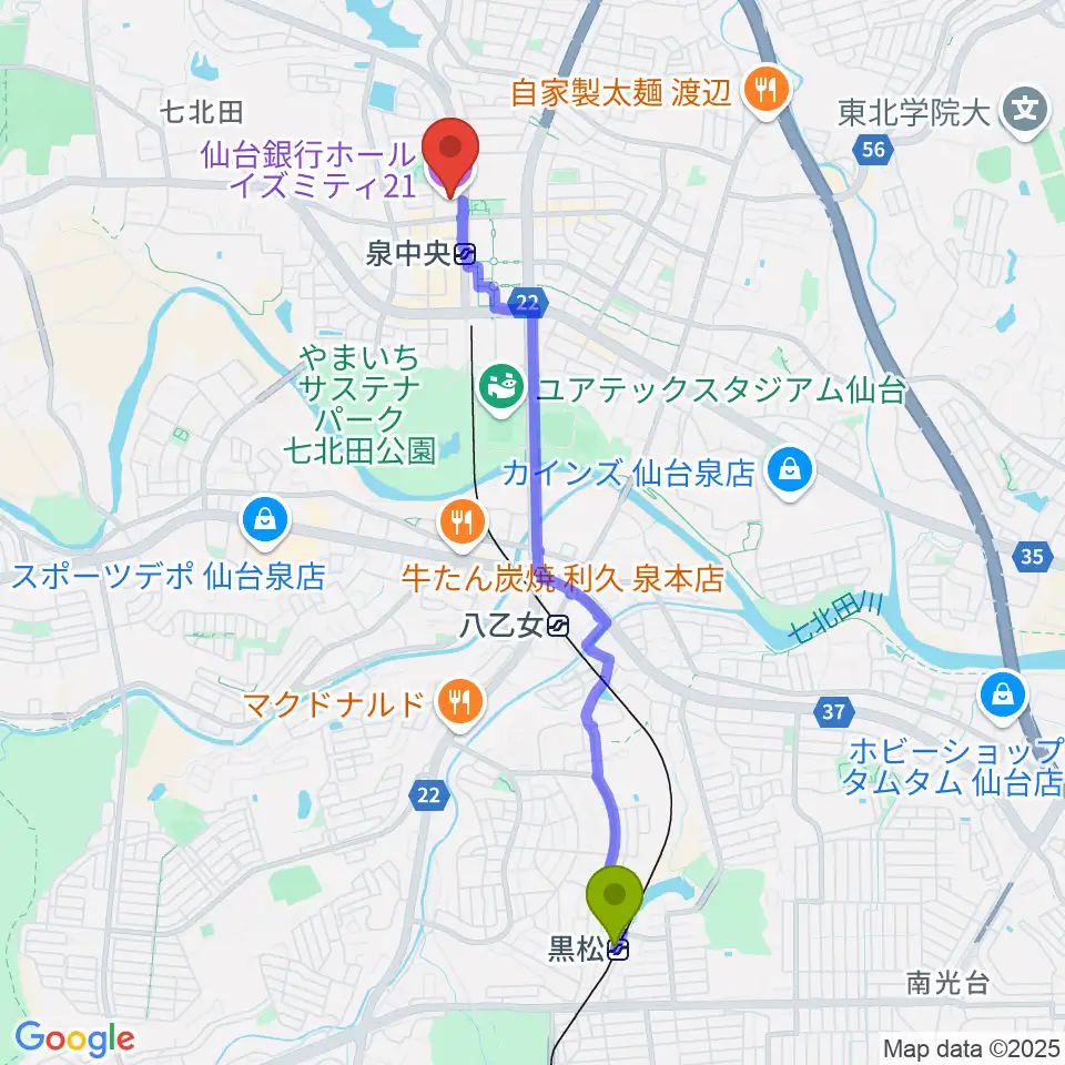 黒松駅から仙台銀行ホール イズミティ21へのルートマップ地図
