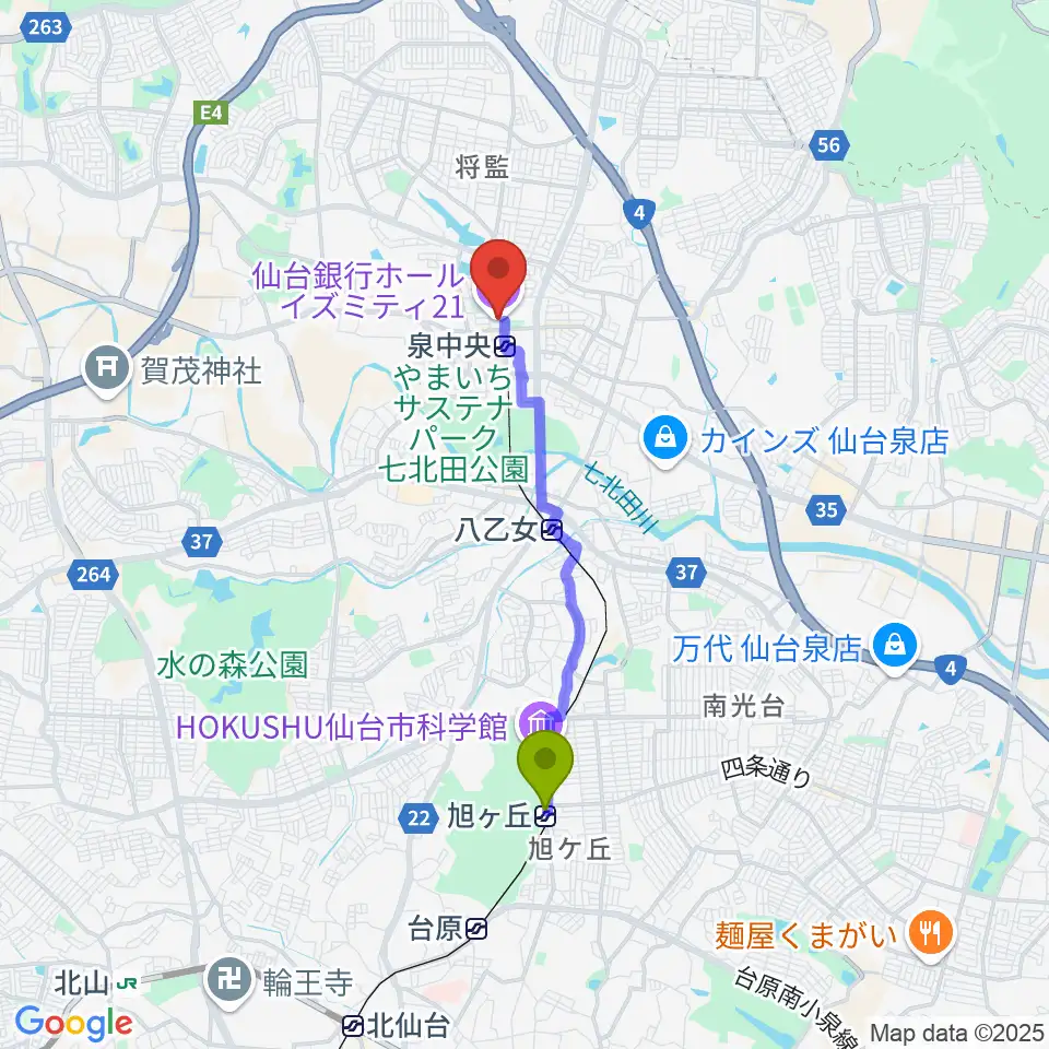 旭ヶ丘駅から仙台銀行ホール イズミティ21へのルートマップ地図