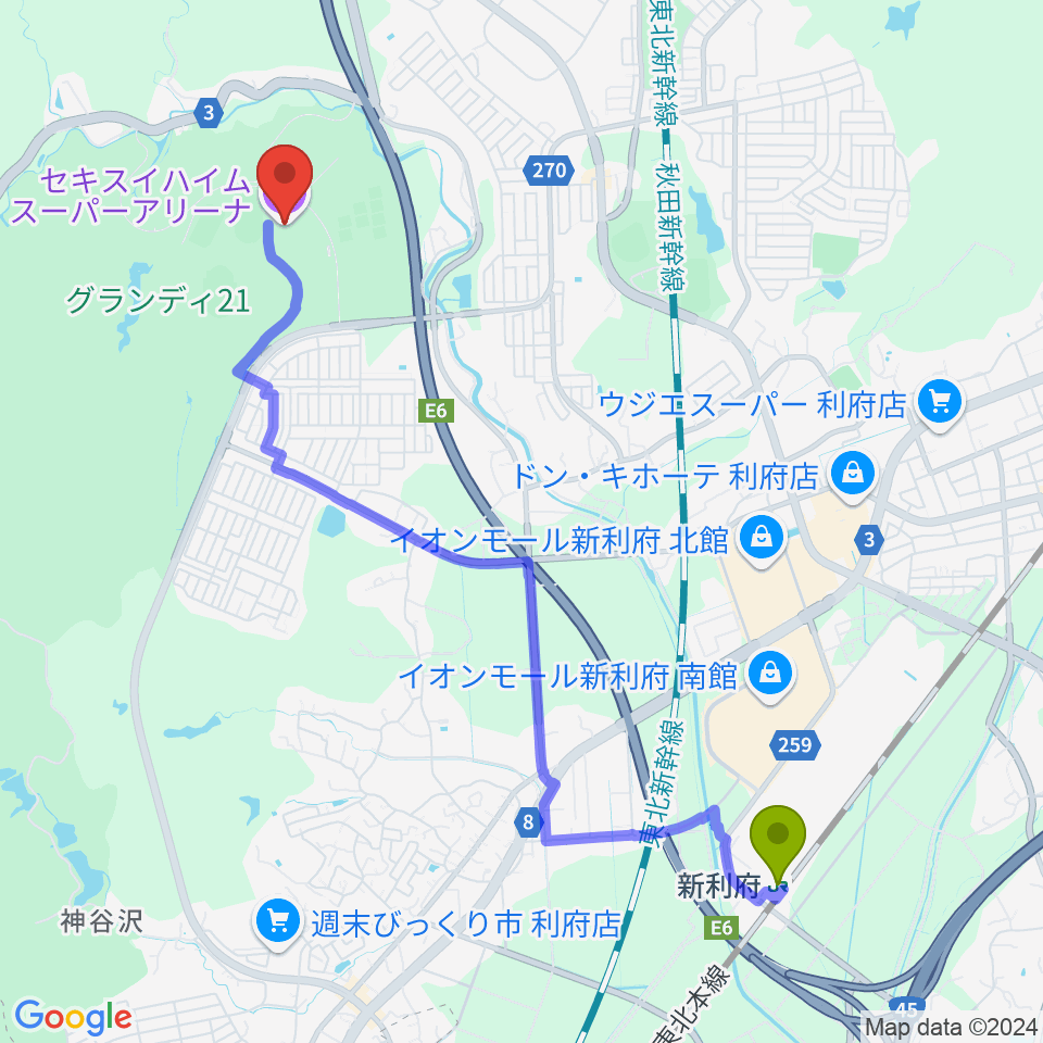 宮城セキスイハイムスーパーアリーナの最寄駅新利府駅からの徒歩ルート 約47分 Mdata