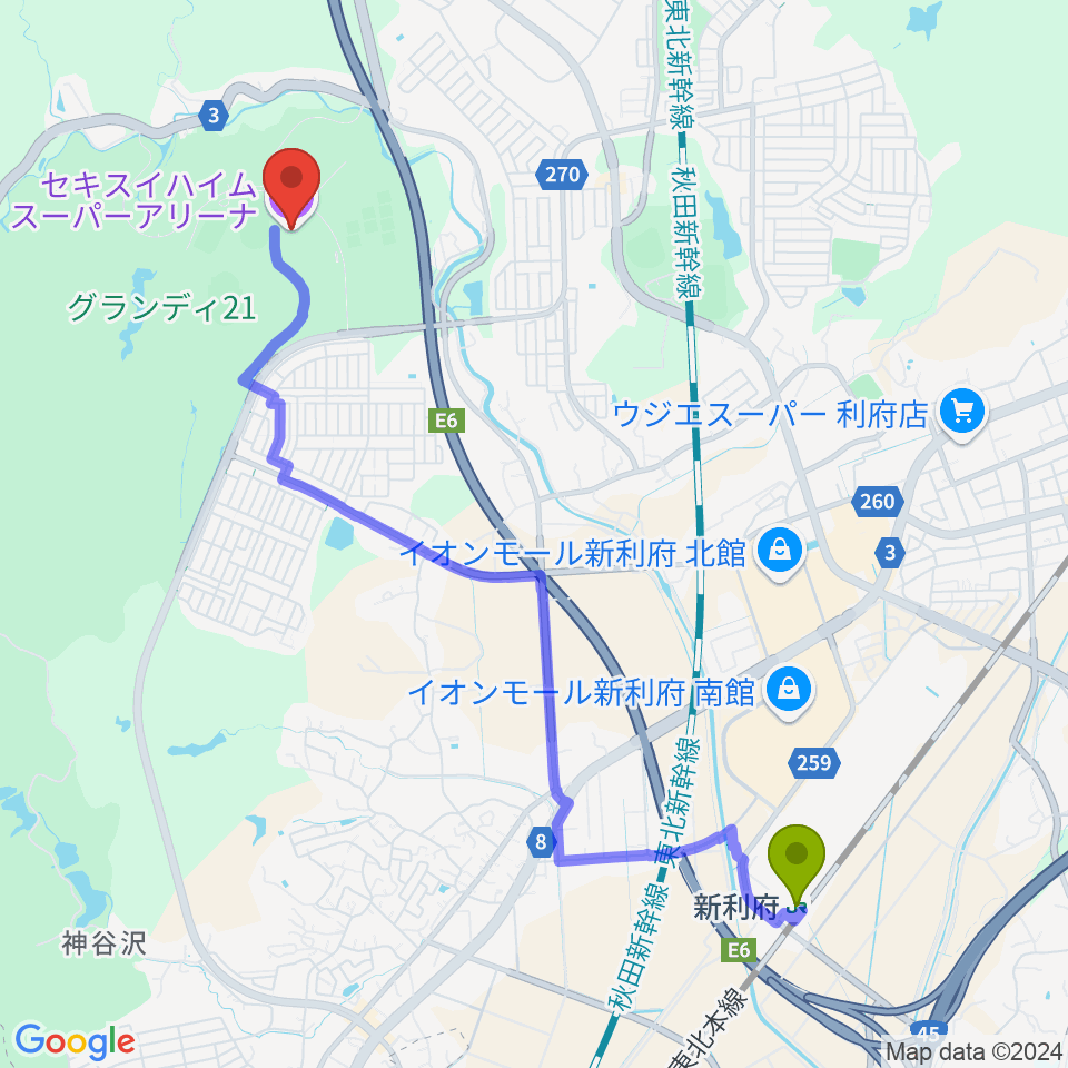 宮城セキスイハイムスーパーアリーナの最寄駅新利府駅からの徒歩ルート（約47分）地図