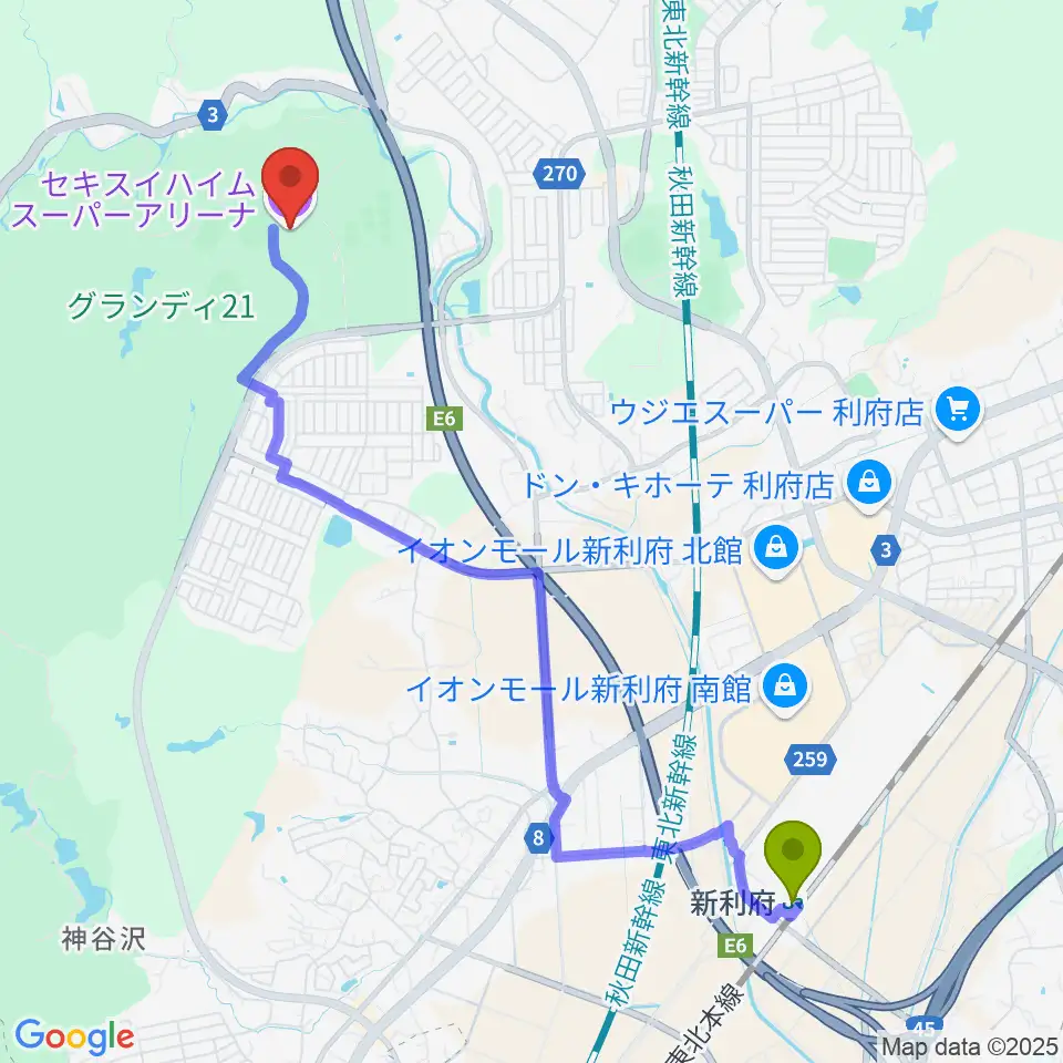 セキスイハイムスーパーアリーナの最寄駅新利府駅からの徒歩ルート（約47分）地図