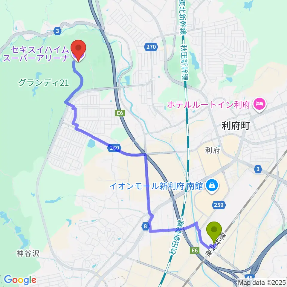 セキスイハイムスーパーアリーナの最寄駅新利府駅からの徒歩ルート（約47分）地図