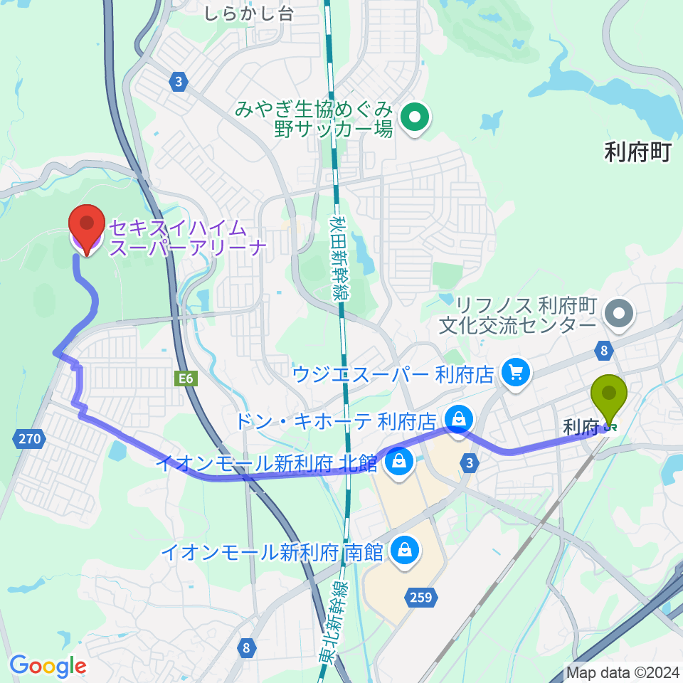 利府駅から宮城セキスイハイムスーパーアリーナへのルートマップ Mdata