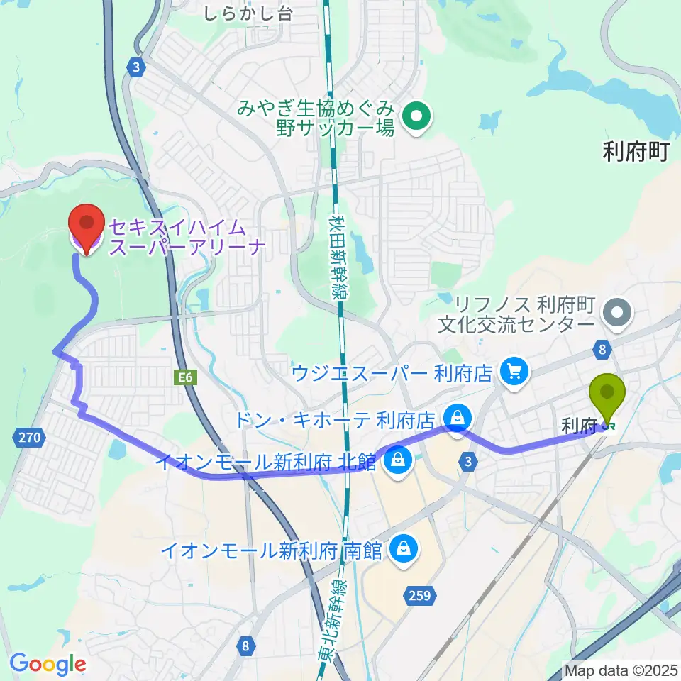 利府駅からセキスイハイムスーパーアリーナへのルートマップ地図