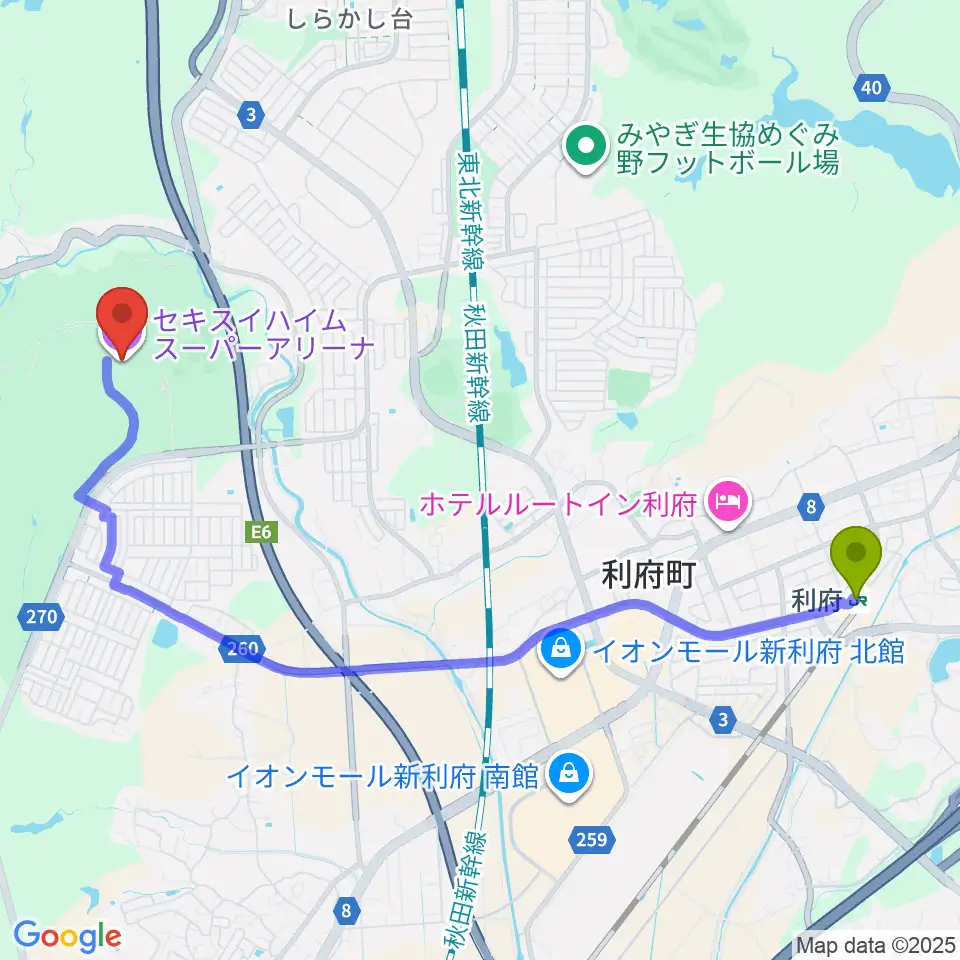 利府駅からセキスイハイムスーパーアリーナへのルートマップ地図