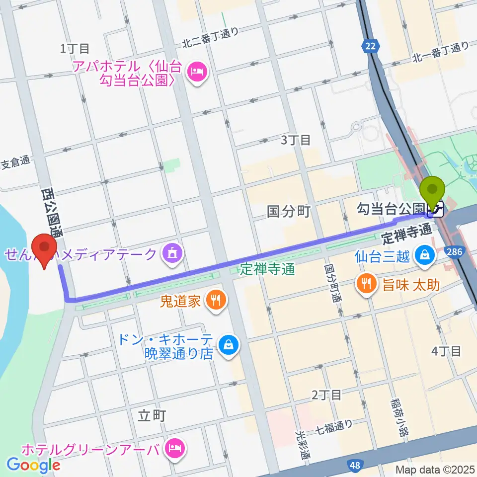 勾当台公園駅からトークネットホール仙台へのルートマップ地図