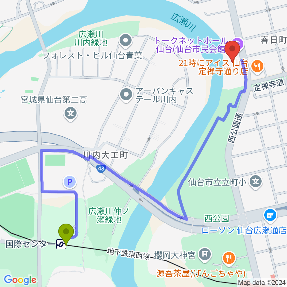 国際センター駅からトークネットホール仙台へのルートマップ地図